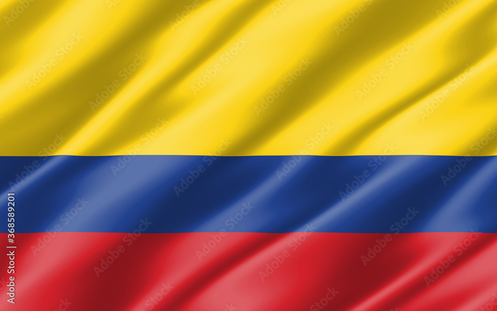 Fototapeta premium Silk wavy flag of Colombia graphic. Wavy Colombian flag 3D illustration. Rippled Colombia country flag is a symbol of freedom, patriotism and independence.