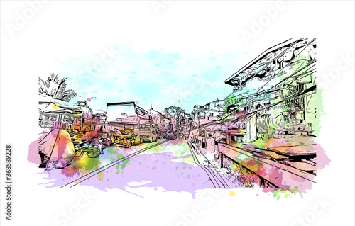 Building view with landmark of Algeciras. The Port of Algeciras is one of the largest ports in Europe. Watercolor splash with hand drawn sketch illustration in vector.