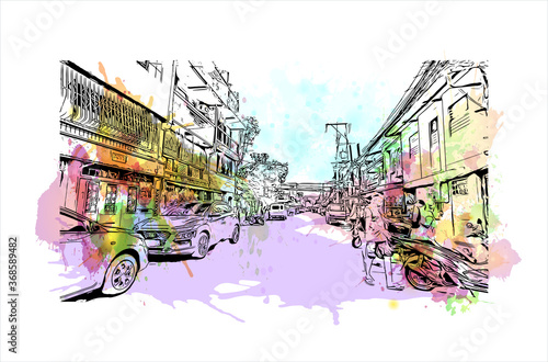 Building view with landmark of Algeciras. The Port of Algeciras is one of the largest ports in Europe. Watercolor splash with hand drawn sketch illustration in vector.