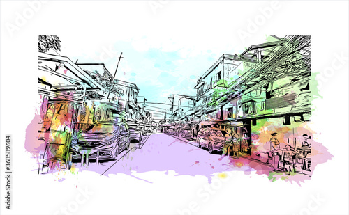 Building view with landmark of Algeciras. The Port of Algeciras is one of the largest ports in Europe. Watercolor splash with hand drawn sketch illustration in vector.