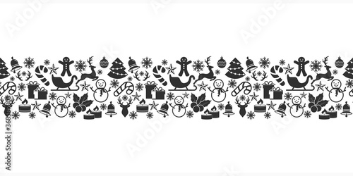 Christmas stencil seamless border isolated on white. Deer, christmas ball, sledge, bell, candle, sweet, gift etc. Vector stock illlustration. EPS 10