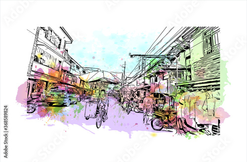 Building view with landmark of Algeciras. The Port of Algeciras is one of the largest ports in Europe. Watercolor splash with hand drawn sketch illustration in vector.