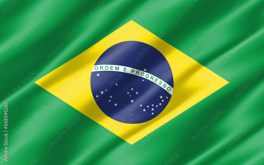 Fototapeta premium Silk wavy flag of Brazil graphic. Wavy Brazilian flag 3D illustration. Rippled Brazil country flag is a symbol of freedom, patriotism and independence.