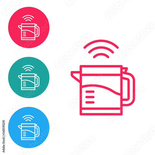 Red line Smart electric kettle system icon isolated on white background. Teapot icon. Internet of things concept with wireless connection. Set icons in circle buttons. Vector.