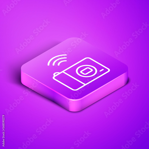 Isometric line Smart photo camera system icon isolated on purple background. Internet of things concept with wireless connection. Purple square button. Vector.