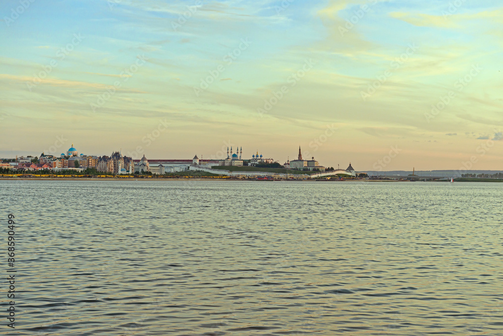 June 2, 2019: View of the city of Kazan with the Kremlin from the opposite bank. Kazan. Russia.
