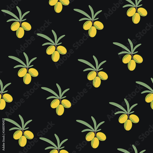 Pattern of fruit, bunches of sea buckthorn berries and leaves. Color vector illustration. Background dark, Design, finish, texture, print, Wallpaper, textiles.