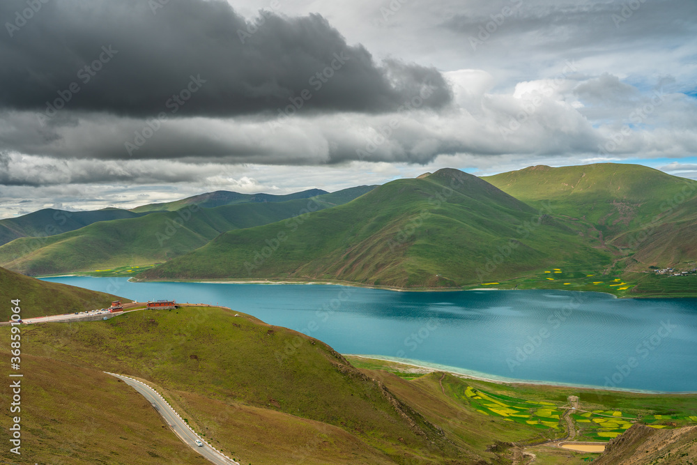 Yamdrok Tso, a sacred lake in Tibet, China, in summer time.