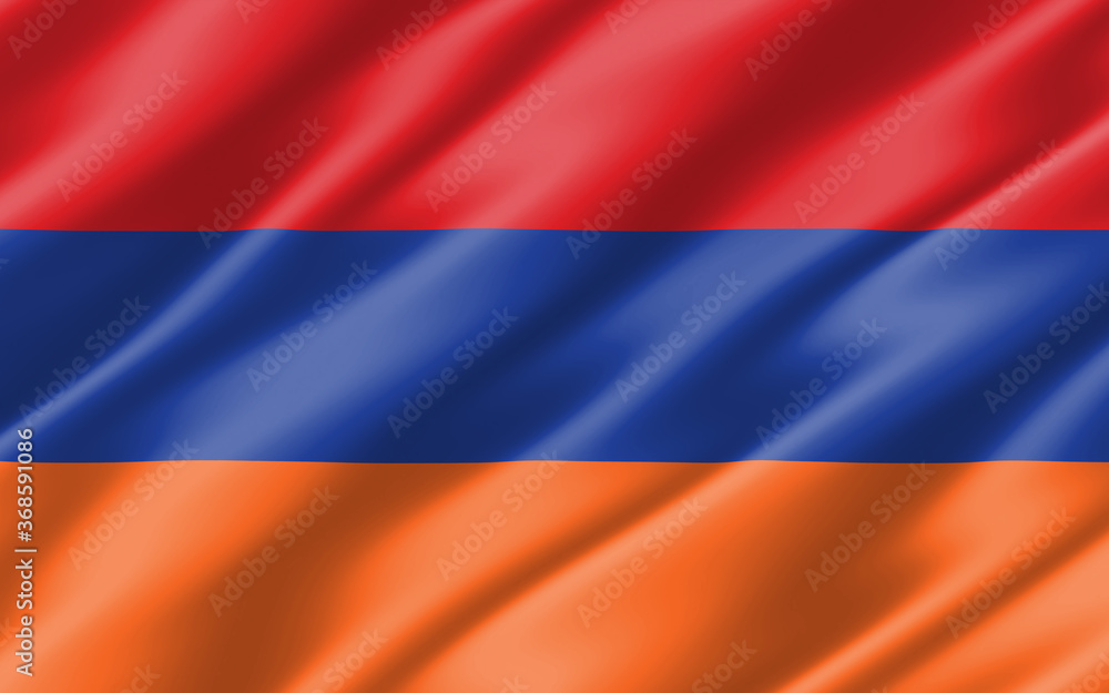 Fototapeta premium Silk wavy flag of Armenia graphic. Wavy Armenian flag 3D illustration. Rippled Armenia country flag is a symbol of freedom, patriotism and independence.