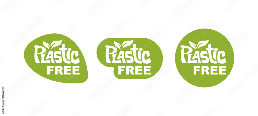 Plastic free stamp (in 3 variations) - hand-drawn lettering in modern eco-friendly style - isolated vector green signs set Plastic free stamp (in 3 variations) - hand-drawn lettering in modern eco-friendly style - isolated vector green signs set