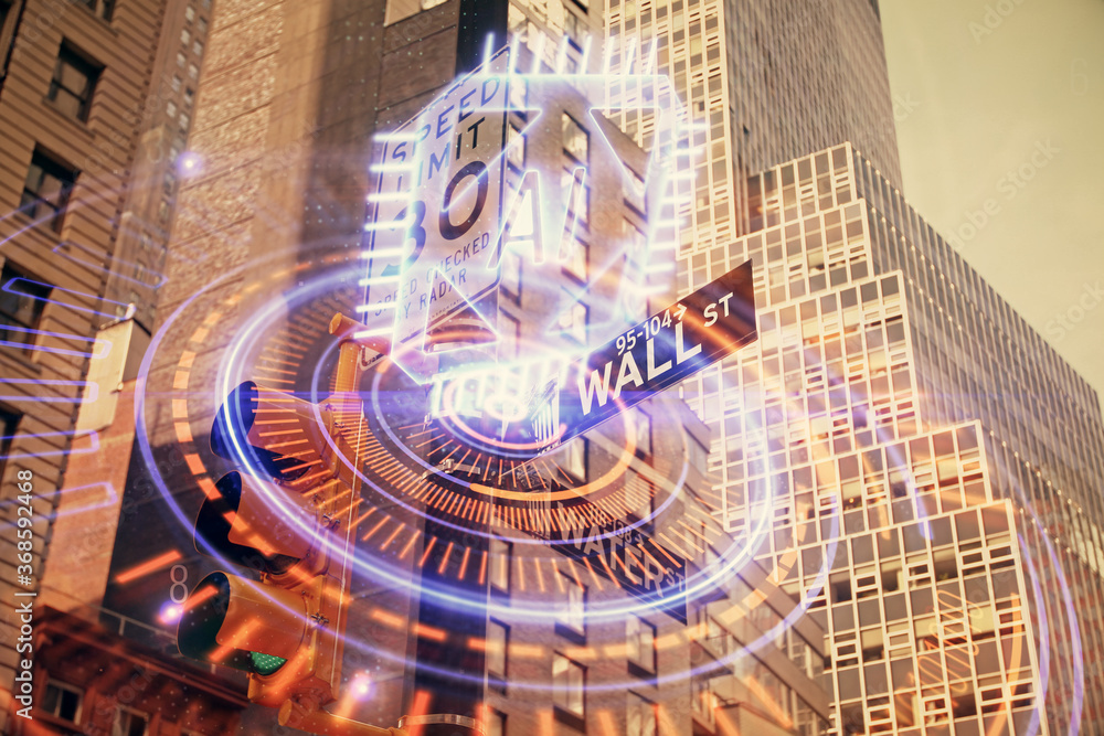 Obraz premium Data theme hologram drawing on city view with skyscrapers background multi exposure. Bigdata concept.