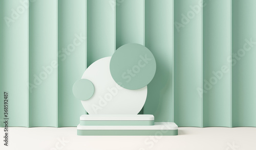 Minimal scene with podium and abstract background. Pastel blue and green colors scene. Trendy 3d render for social media banners, promotion, cosmetic product show. Stage for fashion on website.
