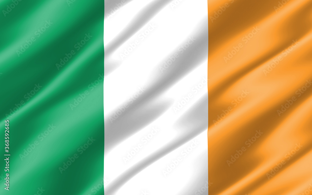 Silk wavy flag of Ireland graphic. Wavy Irish flag 3D illustration. Rippled Ireland country flag is a symbol of freedom, patriotism and independence.