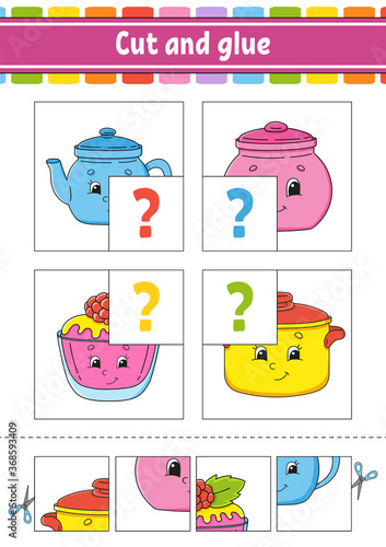 Cut and glue. Set flash cards. Color puzzle. Education developing worksheet. Activity page. Game for children. Funny character. Isolated vector illustration. Cartoon style.
