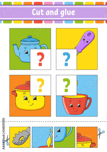 Cut and glue. Set flash cards. Color puzzle. Education developing worksheet. Activity page. Game for children. Funny character. Isolated vector illustration. Cartoon style.
