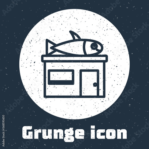 Grunge line Seafood store icon isolated on grey background. Facade of seafood market. Monochrome vintage drawing. Vector..