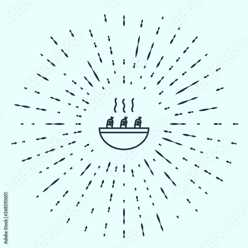 Black line Soup with shrimps icon isolated on grey background. Tom yum kung soup. Abstract circle random dots. Vector..
