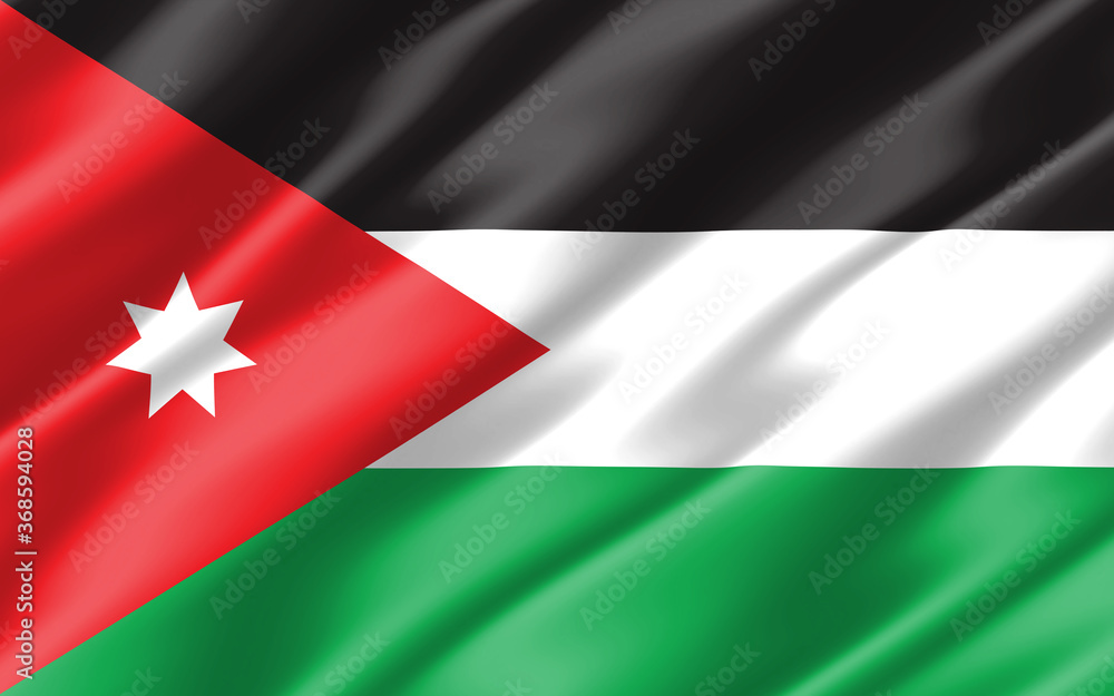 Silk wavy flag of Jordan graphic. Wavy Jordanian flag 3D illustration. Rippled Jordan country flag is a symbol of freedom, patriotism and independence. Silk wavy flag of Jordan graphic. Wavy Jordanian flag 3D illustration. Rippled Jordan country flag is a symbol of freedom, patriotism and independence.