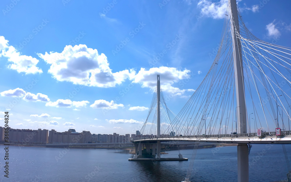 Western high-speed diameter of St. Petersburg. Drone flight over the city on a sunny day. Western high-speed diameter of St. Petersburg. Drone flight over the city on a sunny day.