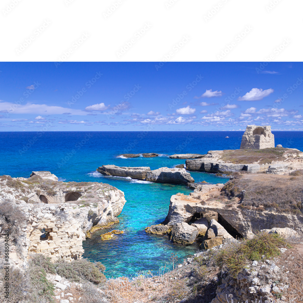 The most beautiful coast of Apulia: Roca Vecchia, ITALY (Lecce).Typical seascape of Salento: cliff and ruins of ancient coastal watchtower.