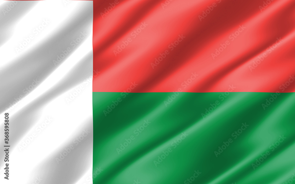 Silk wavy flag of Madagascar graphic. Wavy Malagasy flag 3D illustration. Rippled Madagascar country flag is a symbol of freedom, patriotism and independence.