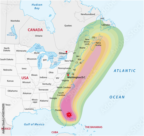 Schematic vector map of a fictional hurricane in North America