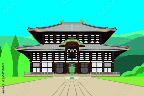 Todaiji Big Buddha Japan temple in nara drawing in cartoon vector