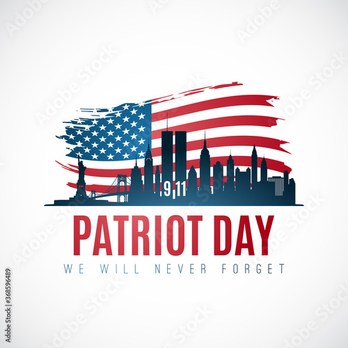 Patriot day banner with New York skyline, American flag and text We will never forget. September 11, 2001. Vector illustration.