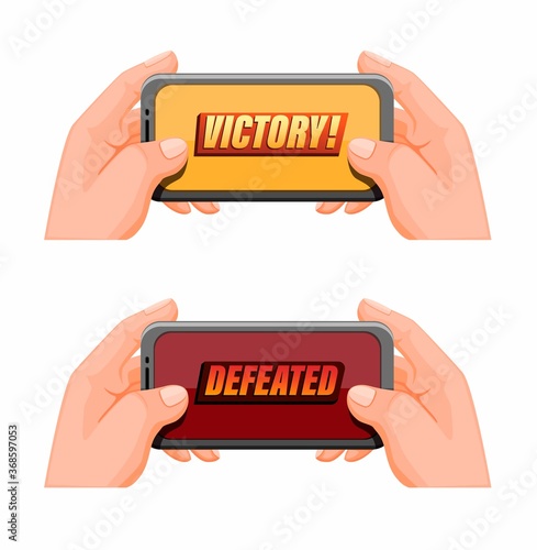 hand holding smartphone with victory and defeated pop up icon set, mobile gaming esport symbol in cartoon illustration vector