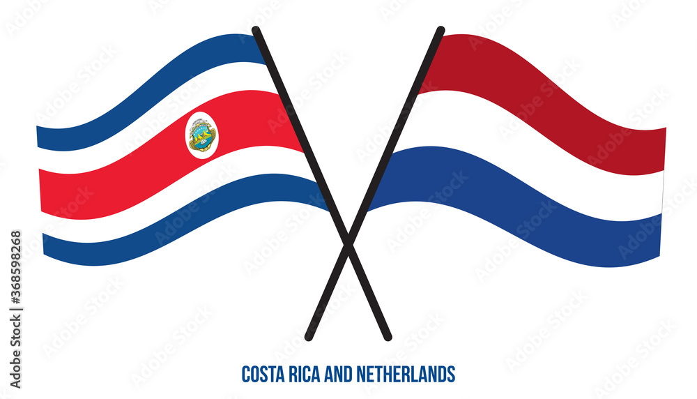 Costa Rica and Netherlands Flags Crossed And Waving Flat Style. Official Proportion. Correct Colors.