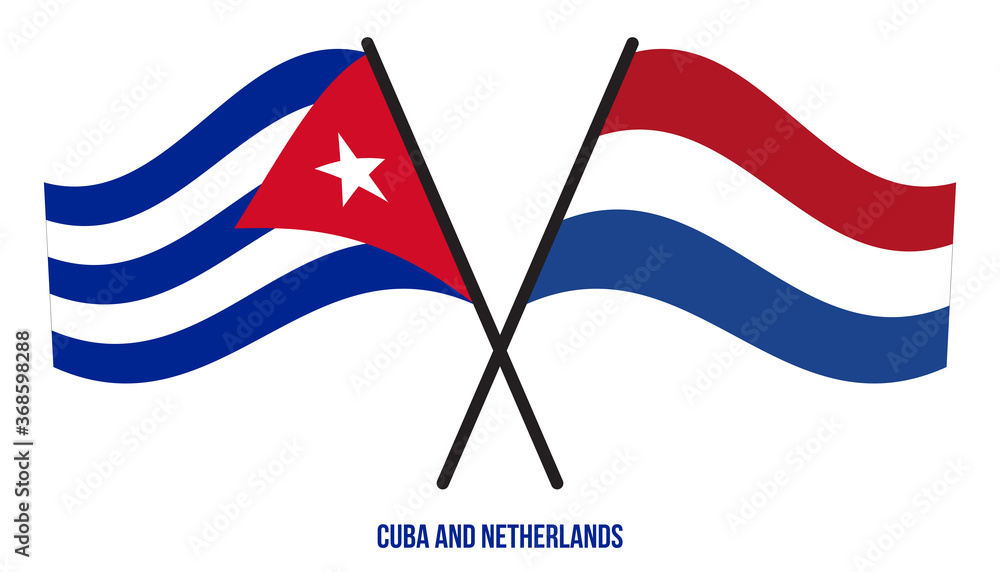 Cuba and Netherlands Flags Crossed And Waving Flat Style. Official Proportion. Correct Colors.