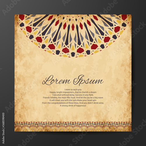 Mandala design for book cover with paper background. Card or invitation. Vintage decorative elements. Islam, Arabic, Indian, ottoman motifs. Vector illustration.