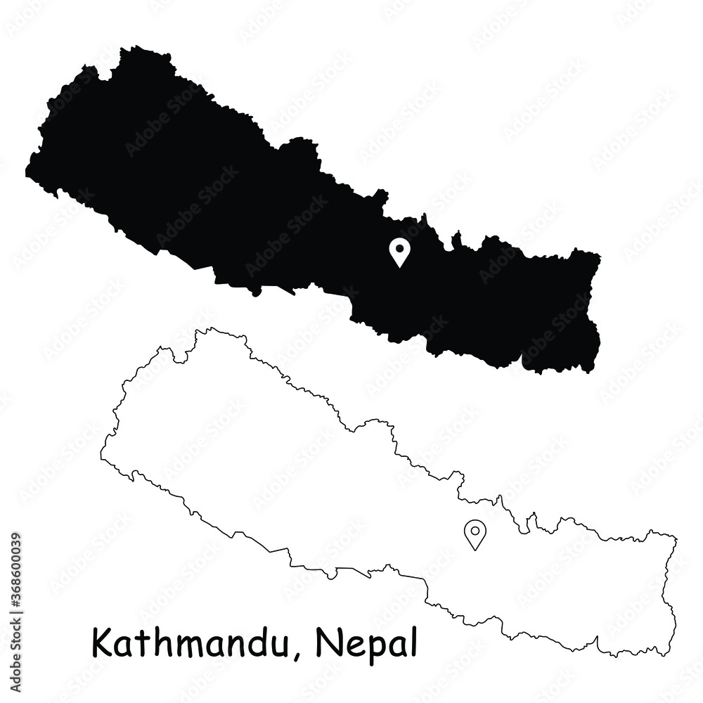 Kathmandu, Federal Democratic Republic of Nepal. Detailed Country Map with Location Pin on Capital City. Black silhouette and outline maps isolated on white background. EPS Vector