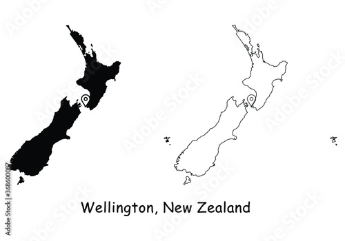 Wellington, New Zealand. Detailed Country Map with Location Pin on Capital City. Black silhouette and outline maps isolated on white background. EPS Vector