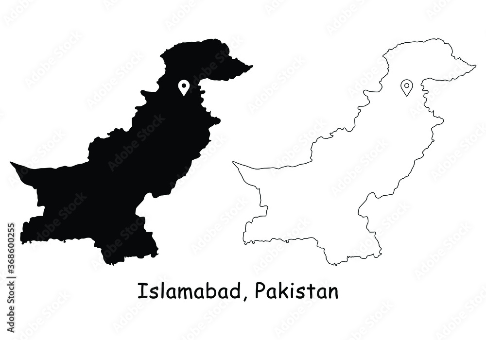 Islamabad, Islamic Republic of Pakistan. Detailed Country Map with Location Pin on Capital City. Black silhouette and outline maps isolated on white background. EPS Vector