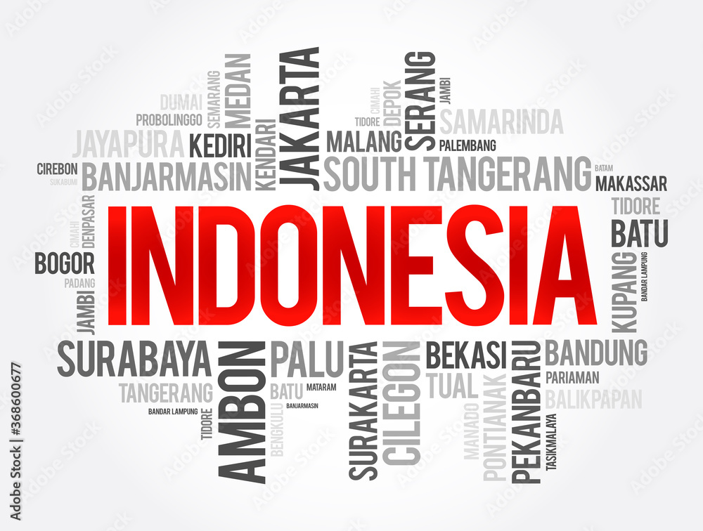 List of cities and towns in Indonesia, word cloud collage, business and travel concept background List of cities and towns in Indonesia, word cloud collage, business and travel concept background