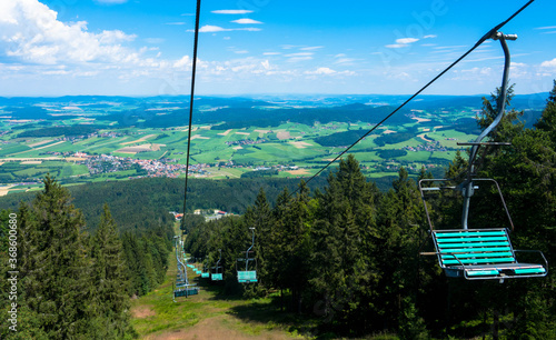 Aerial panoramic view from chairlift at hohenbogen summit, bavarian forest germany