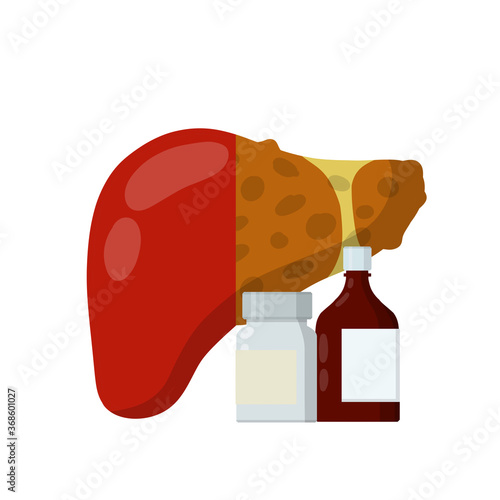 Liver and packaging of medications. Treatment of Internal organ of person. Bottle with pills and drug. Health and pharmacy. Cartoon flat illustration. Prevention of cirrhosis and hepatitis