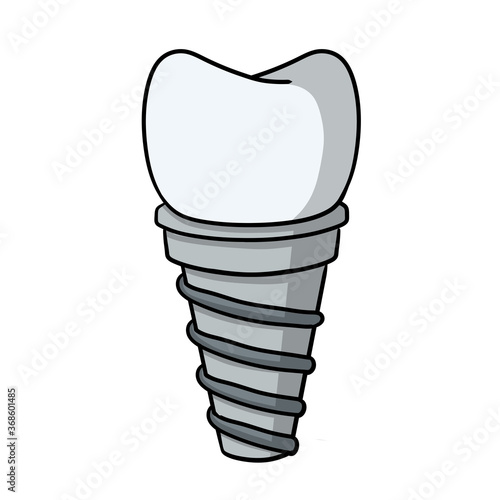 Tooth pin. White Dentist element. Dental care and implant. Medical white part with the thread for the mouth. Operation for health. Doctor job. Color Cartoon illustration