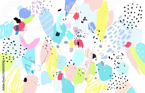 Naive art pattern. Contemporary pattern. Brush, marker, highlight stroke. Bohemian wallpaper. Vector artwork. Memphis 80s, 90s retro style. Child, kid drawing. Pink, blue, green, red, yellow color