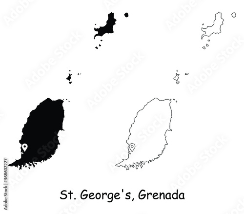 St George's Grenada. Detailed Country Map with Location Pin on Capital City. Black silhouette and outline maps isolated on white background. EPS Vector