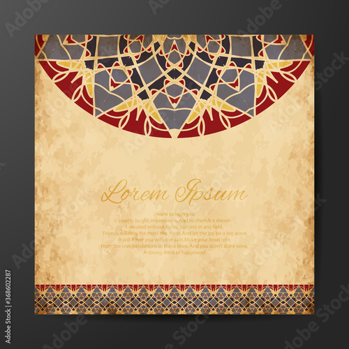 Mandala design for book cover with paper background. Card or invitation. Vintage decorative elements. Islam, Arabic, Indian, ottoman motifs. Vector illustration.