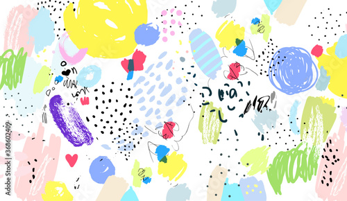 Naive art pattern. Brush, marker, highlight stroke. Abstract background. Vector artwork. Memphis 80s, 90s retro style. Child, kid drawing. Pink, black, blue, green, yellow, red, purple, violet colors
