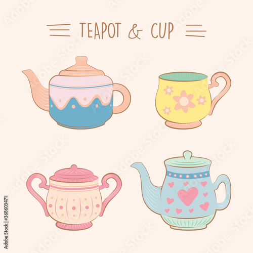 Collection of vintage cute teacup and cup illustration set flat color vector
