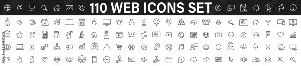 Fototapeta premium Simple set of 110 Web icons thin line icons. Contains such Icons as Marketing, Technology, User interface, Management, Message, Web Development and more. Linear pictogram - stock vector.