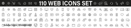 Simple set of 110 Web icons thin line icons. Contains such Icons as Marketing, Technology, User interface, Management, Message, Web Development and more. Linear pictogram - stock vector.