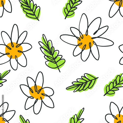 Seamless pattern of leaves and orange flowers drawn by hand on white background.  Figure for textiles. Repeating texture.