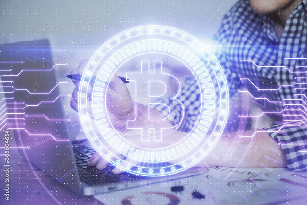 Blockchain theme hologram with man working on computer on background. Concept of crypto chain. Double exposure. Blockchain theme hologram with man working on computer on background. Concept of crypto chain. Double exposure.