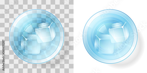 A glass with a drink and ice on a transparent background. Top view.