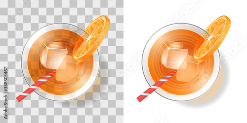 Cocktail in a glass with ice on a transparent background. Top view. A glass of drink and ice.